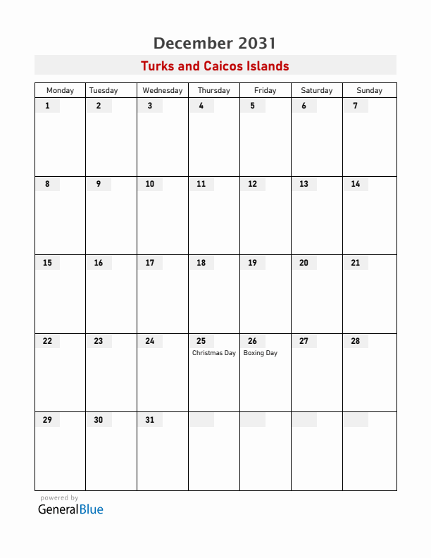 Turks and Caicos Islands December 2031 Calendar with Holidays