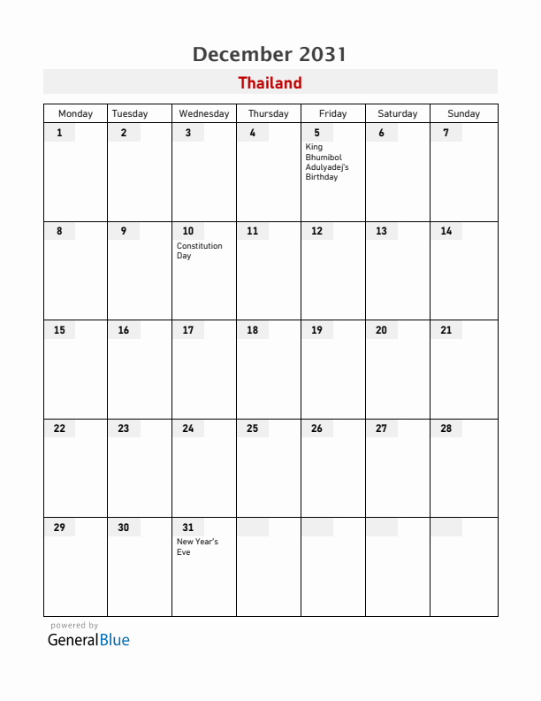 Thailand December 2031 Calendar with Holidays