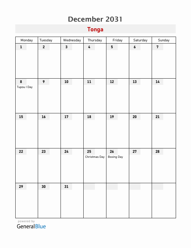 Tonga December 2031 Calendar with Holidays