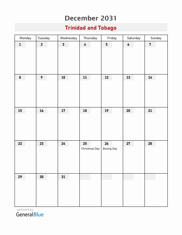 Trinidad and Tobago December 2031 Calendar with Holidays