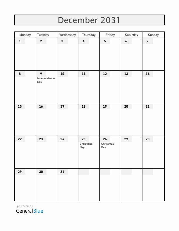 Tanzania December 2031 Calendar with Holidays