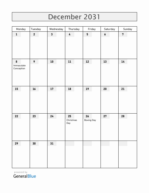 Vatican December 2031 Calendar with Holidays