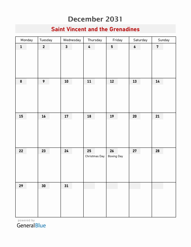 Saint Vincent and the Grenadines December 2031 Calendar with Holidays