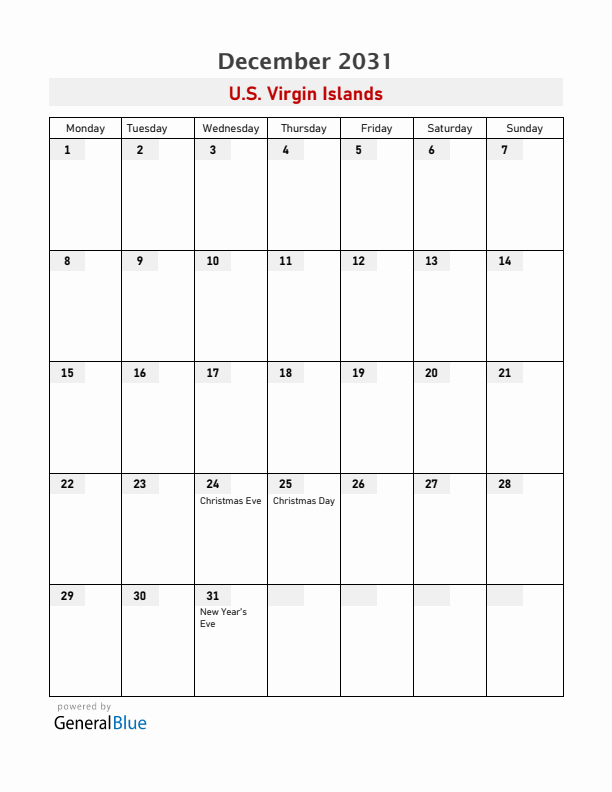 U.S. Virgin Islands December 2031 Calendar with Holidays