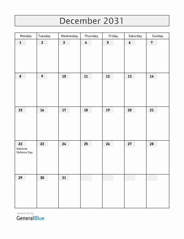 Vietnam December 2031 Calendar with Holidays