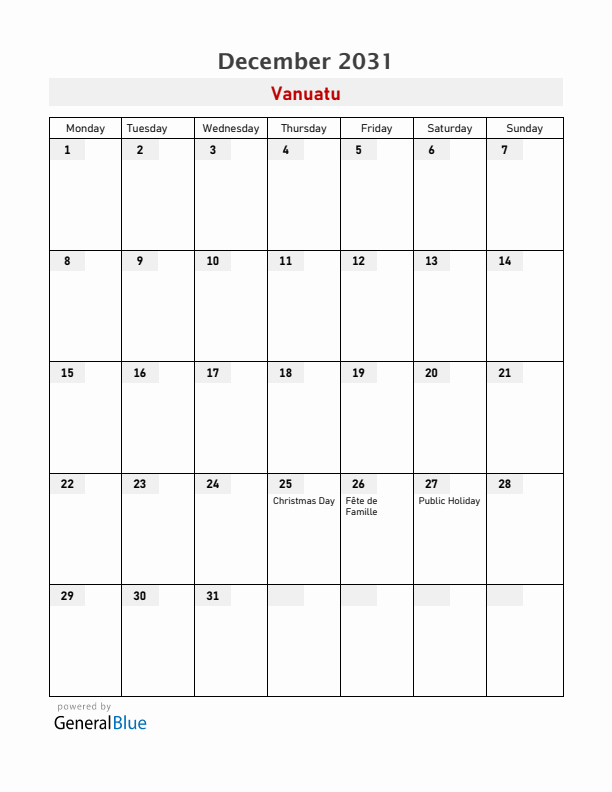 Vanuatu December 2031 Calendar with Holidays