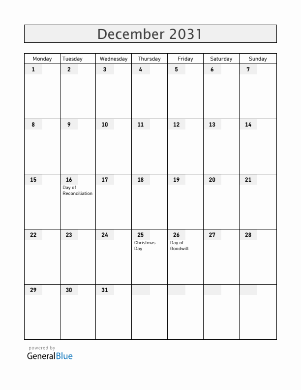South Africa December 2031 Calendar with Holidays
