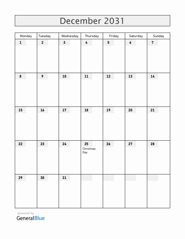 Zambia December 2031 Calendar with Holidays
