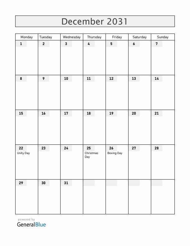 Zimbabwe December 2031 Calendar with Holidays