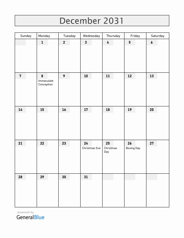 Andorra December 2031 Calendar with Holidays
