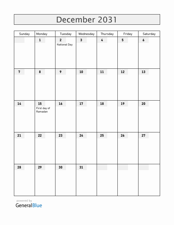 United Arab Emirates December 2031 Calendar with Holidays