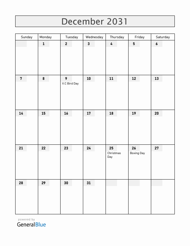 Antigua and Barbuda December 2031 Calendar with Holidays