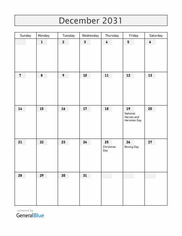 Anguilla December 2031 Calendar with Holidays