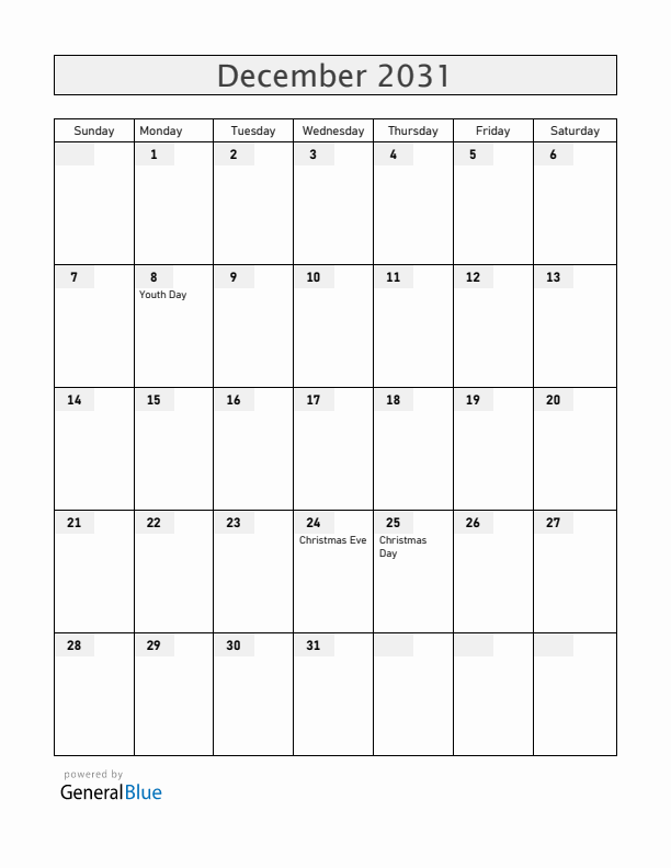 Albania December 2031 Calendar with Holidays