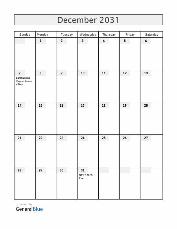 Armenia December 2031 Calendar with Holidays