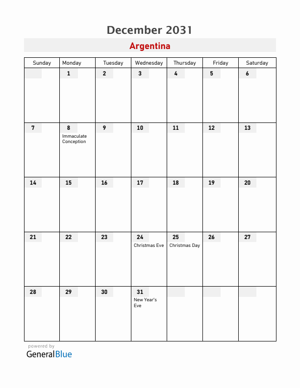 Argentina December 2031 Calendar with Holidays