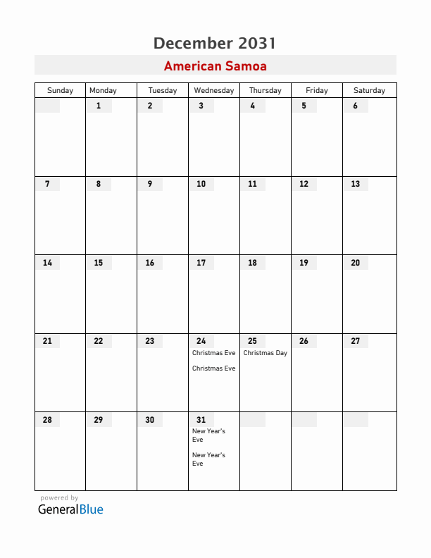 American Samoa December 2031 Calendar with Holidays