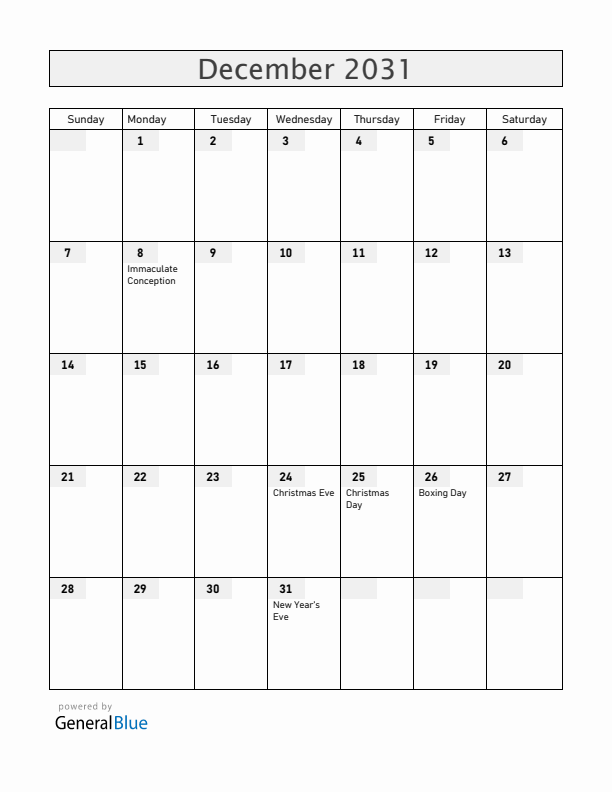 Austria December 2031 Calendar with Holidays