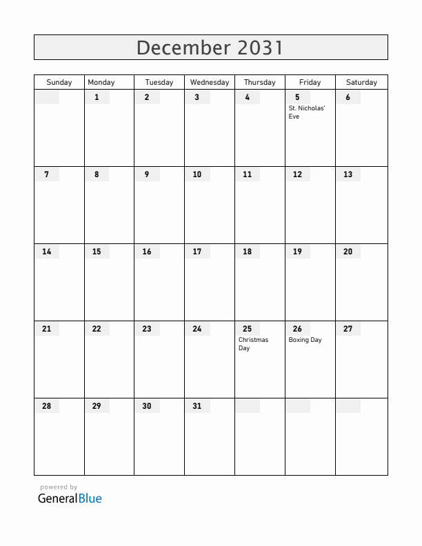 Aruba December 2031 Calendar with Holidays