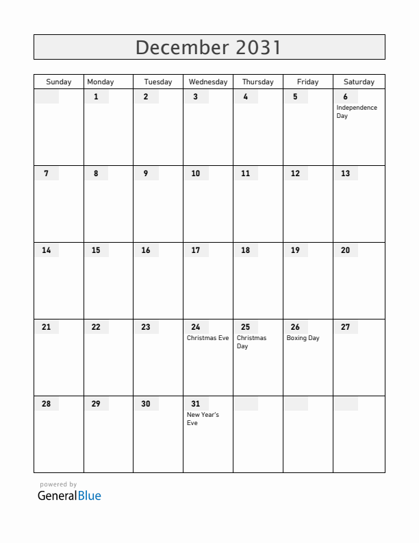 Aland Islands December 2031 Calendar with Holidays