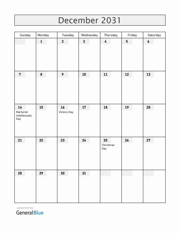Bangladesh December 2031 Calendar with Holidays