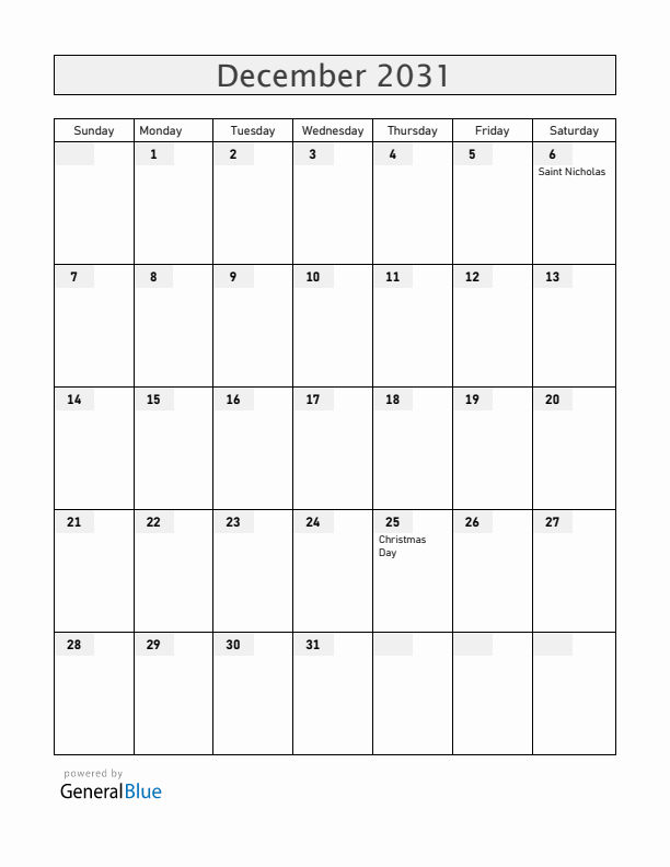 Belgium December 2031 Calendar with Holidays