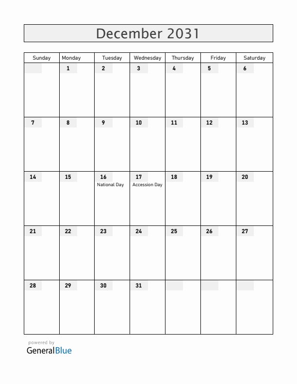 Bahrain December 2031 Calendar with Holidays