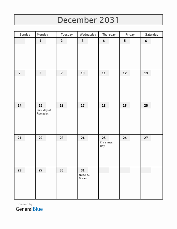 Brunei December 2031 Calendar with Holidays