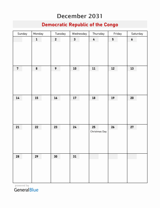 Democratic Republic of the Congo December 2031 Calendar with Holidays