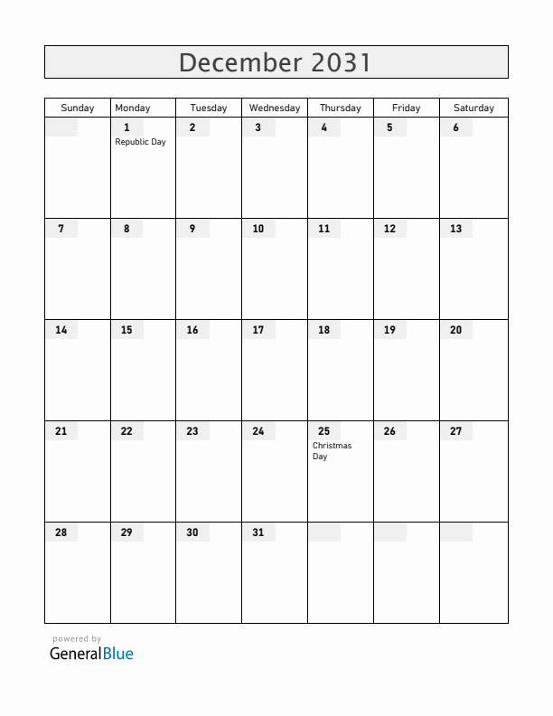 Central African Republic December 2031 Calendar with Holidays