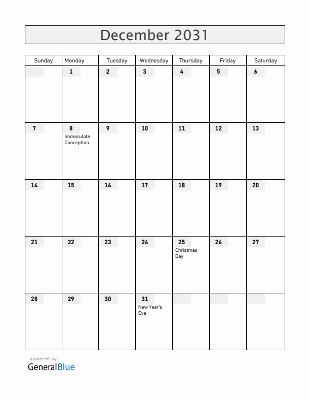 Chile December 2031 Calendar with Holidays