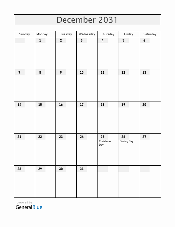 Christmas Island December 2031 Calendar with Holidays
