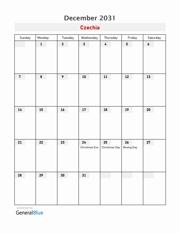 Czechia December 2031 Calendar with Holidays