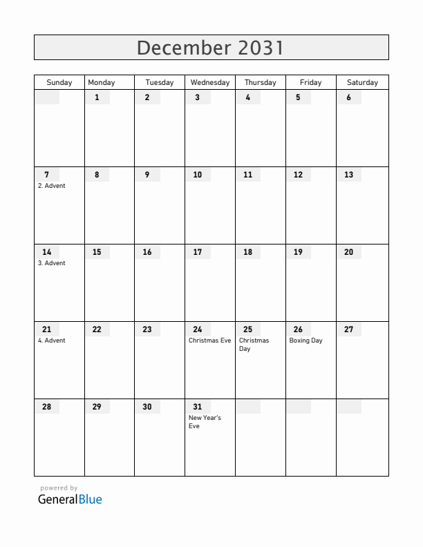 Germany December 2031 Calendar with Holidays