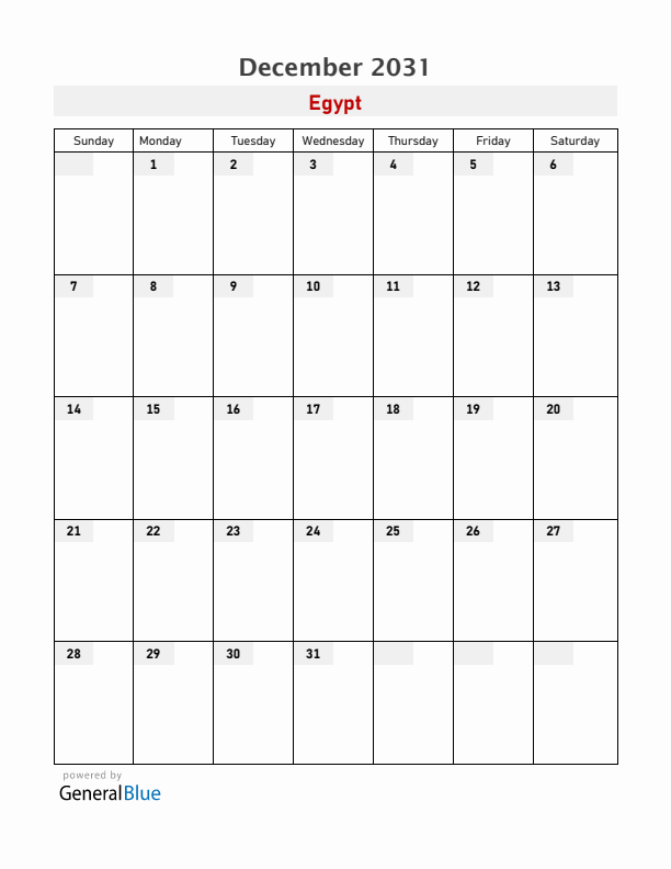 Egypt December 2031 Calendar with Holidays