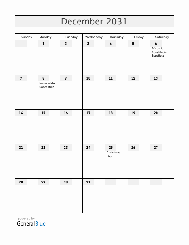 Spain December 2031 Calendar with Holidays