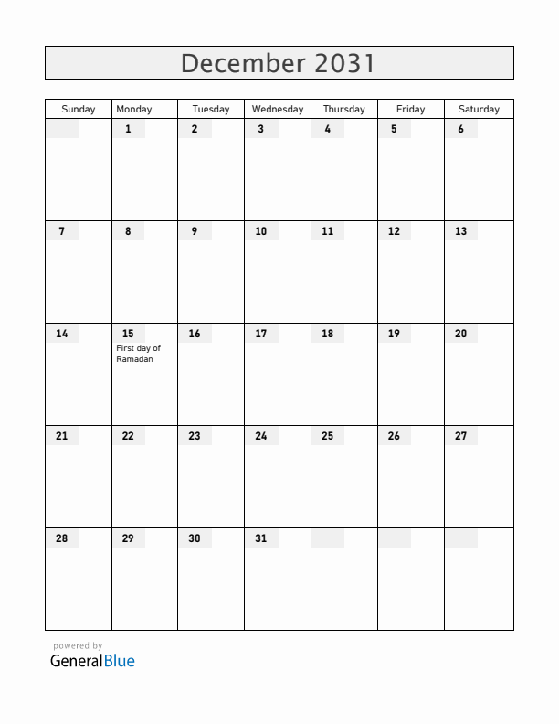 Ethiopia December 2031 Calendar with Holidays