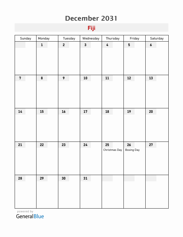 Fiji December 2031 Calendar with Holidays