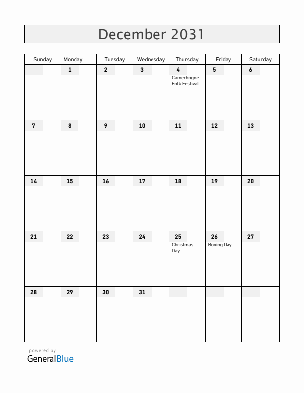 Grenada December 2031 Calendar with Holidays