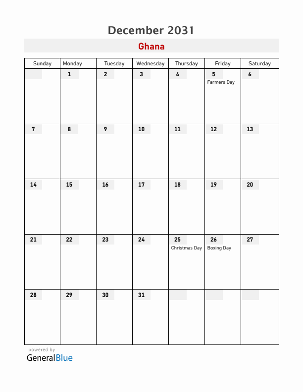Ghana December 2031 Calendar with Holidays