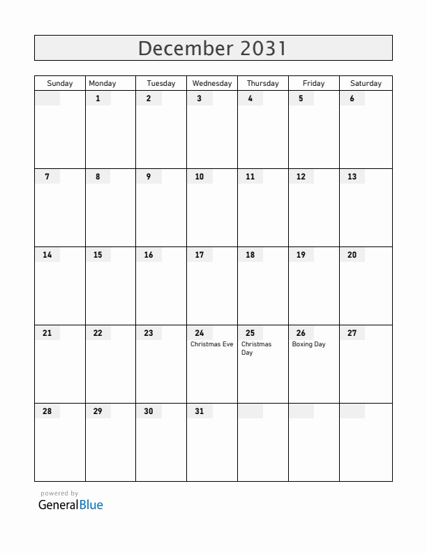 Greenland December 2031 Calendar with Holidays