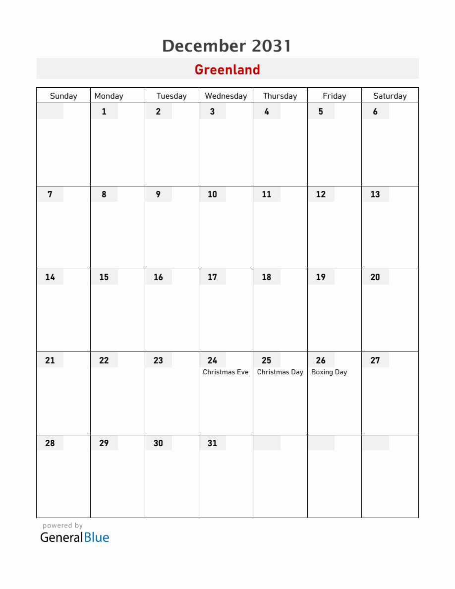 Greenland December 2031 Calendar with Holidays