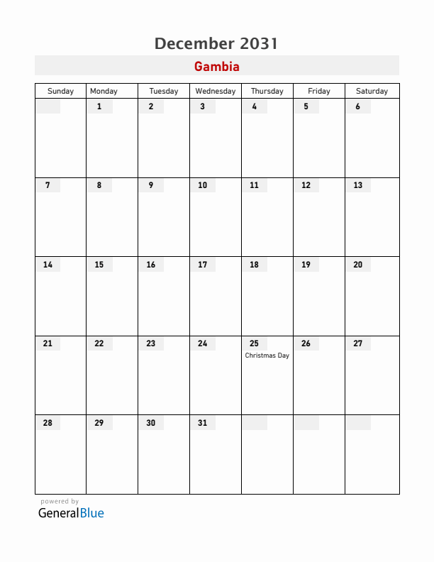 Gambia December 2031 Calendar with Holidays