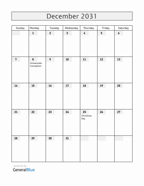 Equatorial Guinea December 2031 Calendar with Holidays