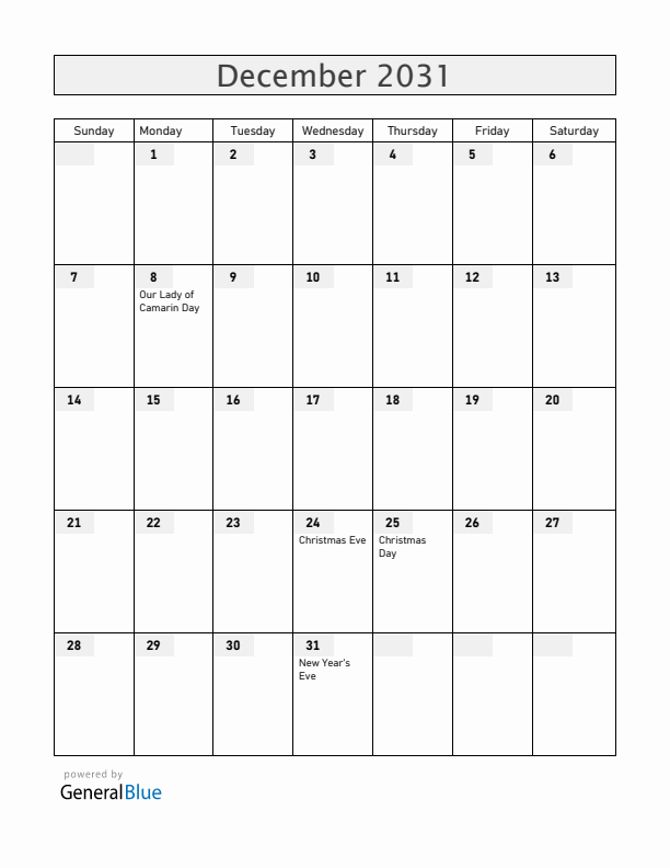 Guam December 2031 Calendar with Holidays