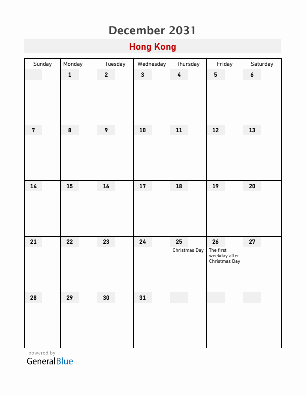 Hong Kong December 2031 Calendar with Holidays