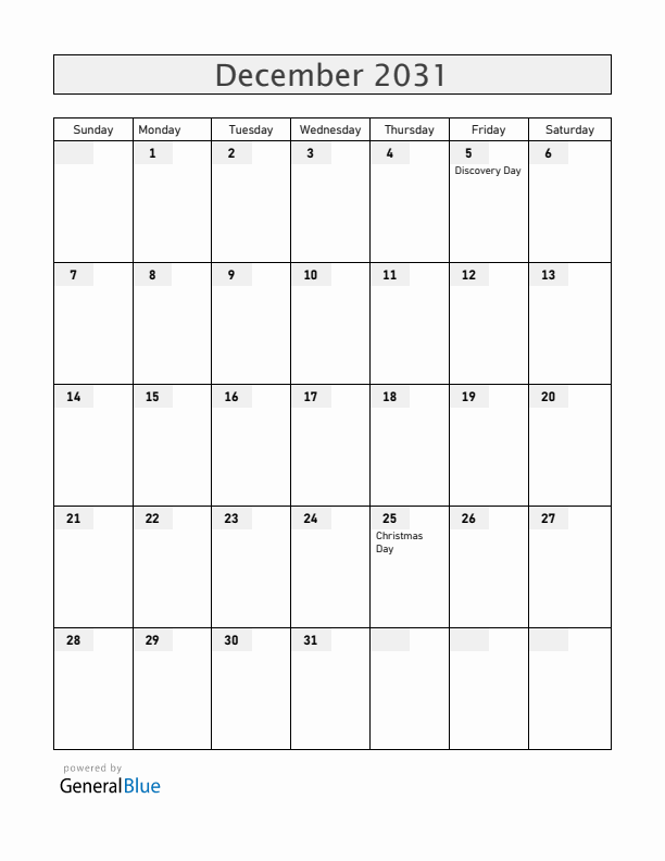 Haiti December 2031 Calendar with Holidays