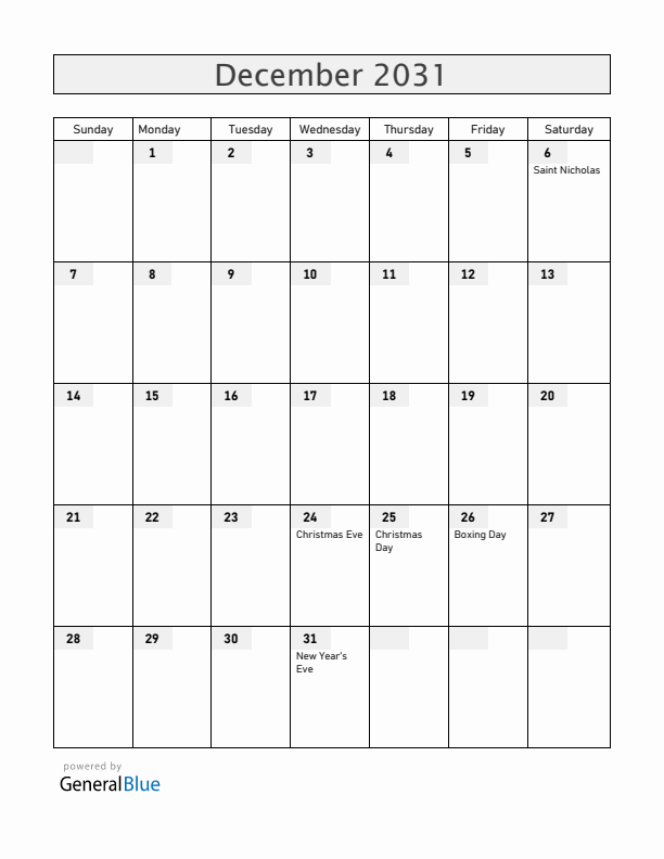 Hungary December 2031 Calendar with Holidays