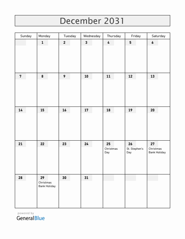 Ireland December 2031 Calendar with Holidays