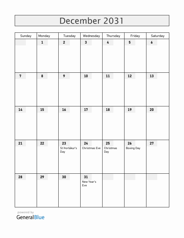 Iceland December 2031 Calendar with Holidays